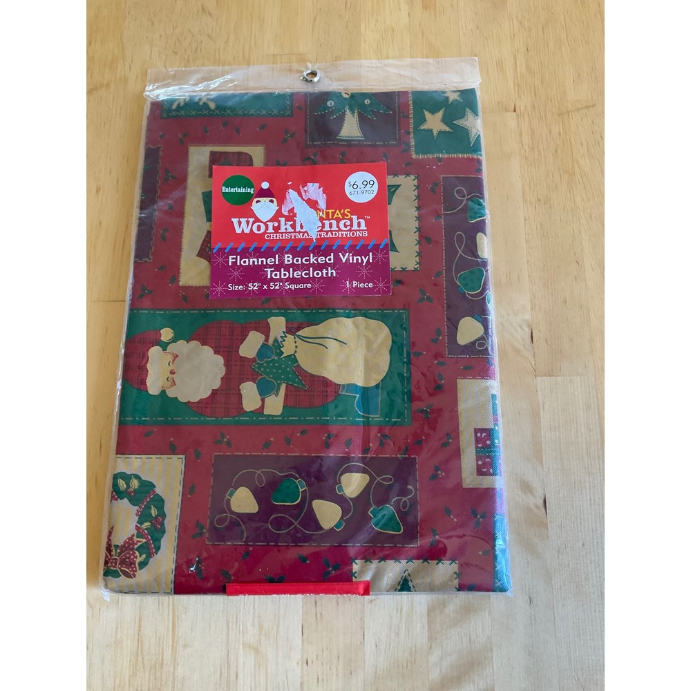 Santas Workbench Christmas Traditions Vinyl Tablecloth 52x52 Square Flannel Back
